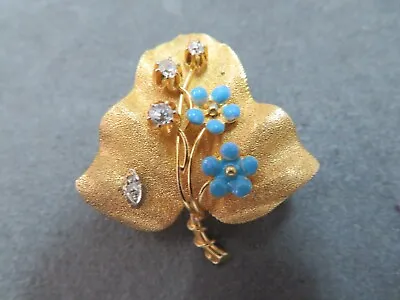 Vintage Solid 14k Yellow Gold  Diamond  Leaf Brooch Pin 5.43 Grams • $349