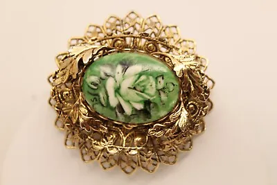 Beautiful Vintage Goldtone Green Hand-painted PORCELAIN Floral Inset Brooch Pin • $24