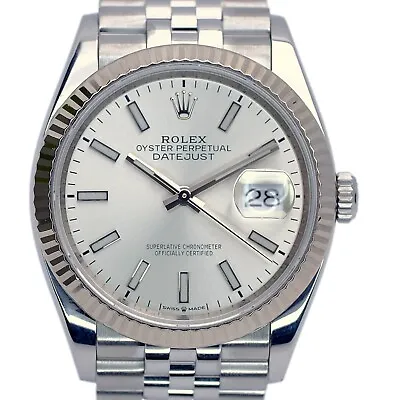 Rolex Datejust Mens Silver Index Dial 18k Fluted Steel Jubilee 36mm Watch 126234 • $9551