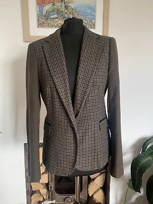 ZARA Checked WOOL Tweed Hacking Jacket Blazer Elbow Patches Size L - Houndstooth • £39.99