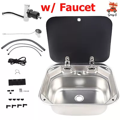 RV Caravan Camper Boat Stainless Steel Hand Wash Basin Kitchen Sink W/Lid • $141.55