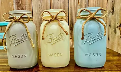 3 Vintage Chalk Painted Mason Jars  Farmhouse Decor • $10