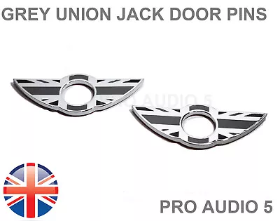 Fits Mini - 2x Door Pin Badges Grey Union Jack GB Badge Chrome S Quality UK - • £6.99