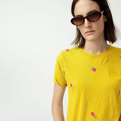 J. Crew Women's XS Embroidered Pink Rose Mustard Yellow Crewneck Shirt • $14.99