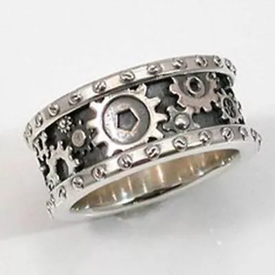 Men's 925 Silver Gear Carved Ring For Party Band Hip Hop Punk Jewelry Size 6-13 • $1.91