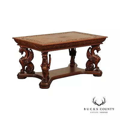 RJ Horner Anti Renaissance Revival Griffin Carved Oak Writing Desk/Library Table • $6995