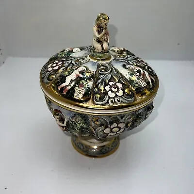 $25 • Buy Vintage Capodimonte Italy Gilded Cherub Bowl With Lid. Vase Urn
