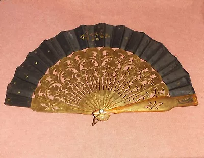 VINTAGE ASIAN JAPANESE CHINESE Ornate Carved Wooden Sticks GOLD & BLACK HAND FAN • $9.99