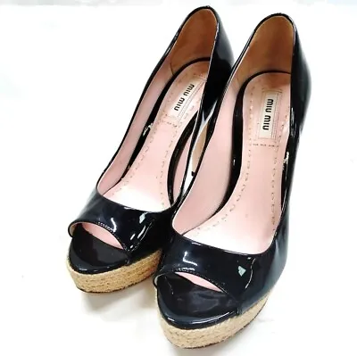 Miu Miu Size EU 35.5 US 5.5 Women's Black Patent Leather Espadrill Peep Toe Heel • $195