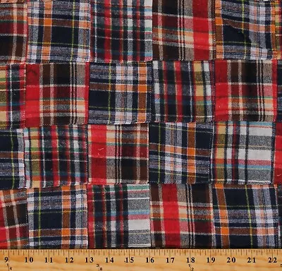 Cotton Flannel Stitched Patchwork Madras Plaid Navy Orange Fabric BTY D270.10 • $9.95