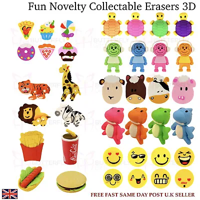 Novelty Fun 3D Erasers School Rubbers Stationery Safari Animals Moving Parts • £6.95