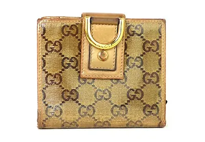 GUCCI Brown Gold Crystal Coated Canvas Leather Bifold D Ring Wallet Coin Purse  • $129