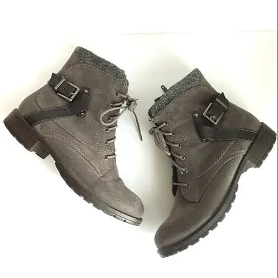 CROWN VINTAGE Rugged Distressed Gray Faux Suede Buckle Detail Combat Boots 8 M • $36