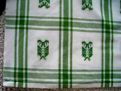 Vntg MCM Heavy Cotton Green- White Embroidered Fabric Owls? Lobsters? 74  X 138  • $39.99