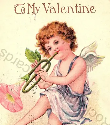 Vintage 1900's Valentine Postcard Dancing Cherub Playing Flower Trumpet • $7.17