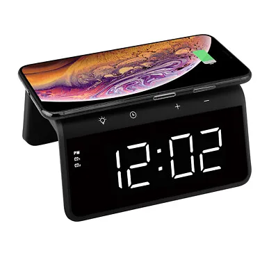 $46 • Buy Dual Alarm Clock  W/USB 5V 10W QI Wireless Charger RGB LED Night Light Black