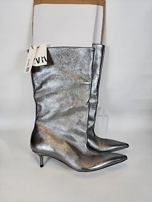 NEW! ZARA - WRINKLED METALLIC KITTEN HEEL BOOTS  -US SIZE 6.5/EURO 37- (flaws)  • $50