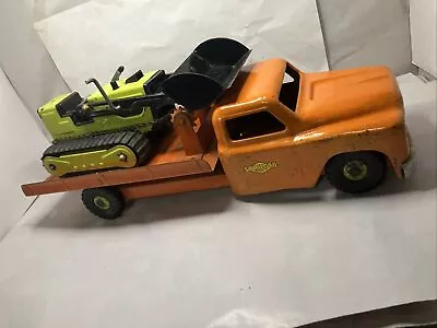 Vintage 1950s Structo Toys Orange Flatbed Truck W/Winch & Chain And Dozer Custom • $129