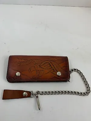 VTG 70's USA Hand Tooled Eagle Leather Biker/Trucker Safety Wallet W/Chain EUC • $52