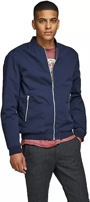 JACK & JONES Mens Jjerush Rush Bomber Jacket Noos Long Sleeve Navy Blazer Size L • £22.99