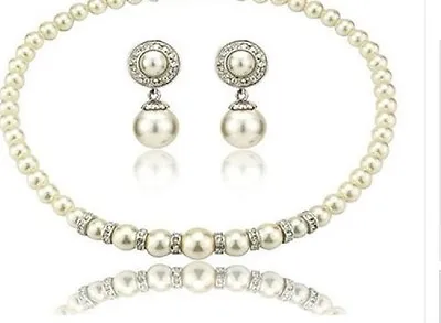 £3.99 • Buy Wedding Party Cream  Faux Pearl & Diamante Crystal Rondell  Choker Necklace Set