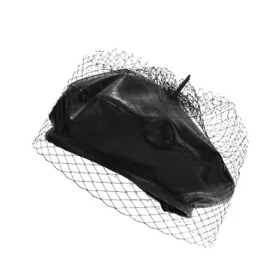 Women PU Leather Fascinator Beret Hat With Veil Artist Beanie Cap Black New • $17.16