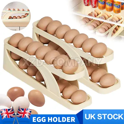 2 Tier Egg Holder Rolldown Refrigerator Egg Dispenser Auto Rolling Storage Rack • £5.99