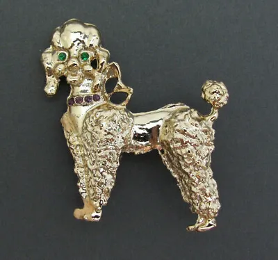 Poodle Dog Pin Vintage Rhinestone Gold Tone Red Green Holiday Dog Brooch Gift • $14.59