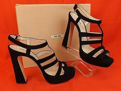 Miu Miu 5xp341 Black Suede Caged Ankle Strap Platform Sandals Pumps 38 Us 7.5 • $259.95