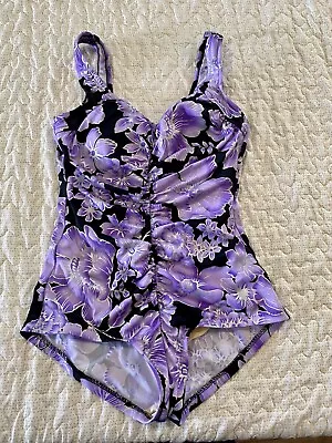 VTG Maxine Of Hollywood Swimsuit One-Piece Sz 16 Ruched Purple Lined • $25