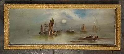 Antique Seascape Oil On Board - Sailing Boats Under Moonlight At The Beach • £44.99