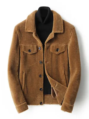Lamb Fur Men's Short Sheepskin Fur Coat Genuine Leather Jacket Warm Overcoats • $221.38