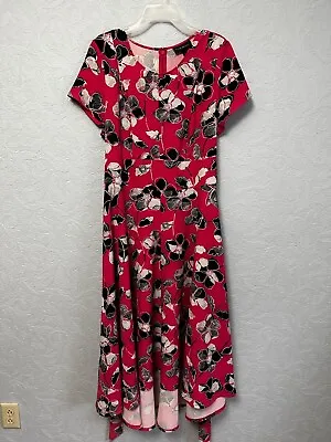 Lane Bryant Size 16 Pink Floral Lena Midi Fit & Flare Hi-Lo Dress F6 • $22.94