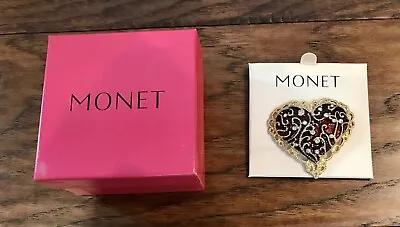 New Monet Heart Shaped Gold Tone Filigree Enamel Red Brooch Rhinestones W/box • $10.99