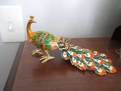 METAL PEACOCK FIGURINE TRINKET BOX REINSTONES  7 1/2 X 3 1/2 • $23.99