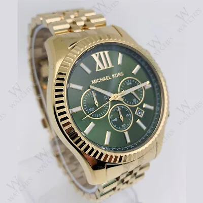 New Michael Kors MK8446 Men's Lexington Chrono Green Dial Gold-tone 44mm Watch • $113