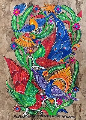 $29.99 • Buy 15 1/2 X 23  Mexican Folk Art Amate Bark Painting Aztec Love Bird Peacock Flower