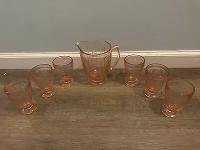 Vintage Jeanette Cherry Blossom Pink Depression Glass Pitcher And 6 Cup Set • $79.99