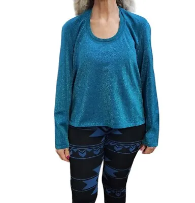 Y2K Lanvin Paris L Vintage Blouse Turquoise Teal Blue Shimmer Glitter Boxy • $39.99