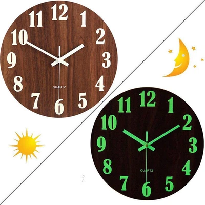 £12.27 • Buy 12  Wooden Luminous Wall Clock Glow In The Dark Night Light Silent Quartz Clocks