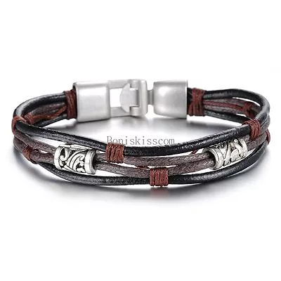 Retro Bead Black Brown Multi Leather Cord String Strap Bracelet Men's Wristband • $8.54