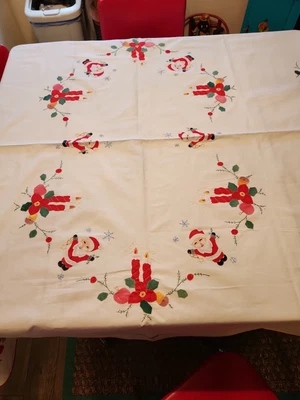 $29.95 • Buy Vintage ESTATE Christmas Tablecloth Embroidered Applique Santa ,Candlesticks 