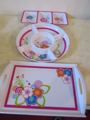 Melamine Pink Floral Party Buffet Set Of Serving Dishes Bowls Tray Picnic Etc • £14.99