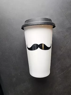 Ceramic Travel Mug Mustache 5.5  With Lid  White And Black  • $10.99