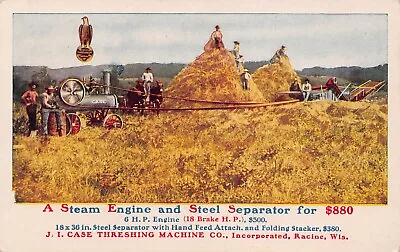 Racine Wisconsin WI J I Case Threshing Steam Engine & Steel Separator Postcard • $5