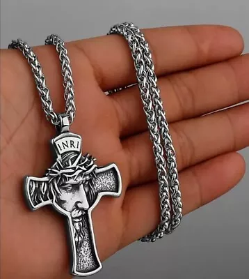 Mens Stainless Steel Jesus Christ Face Crucifix Cross Religious Pendant Necklace • £7.89