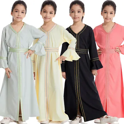 Children Kaftan Abaya Kids Girls Long Dress Muslim Robe Modest Islamic Robe Gown • £11.98