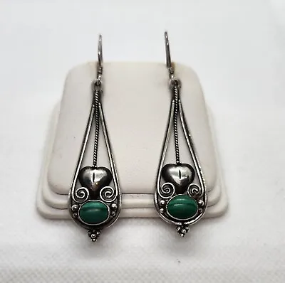 Vintage Navajo Old Pawn Sterling Green Malachite Long Dangle Earrings • $45