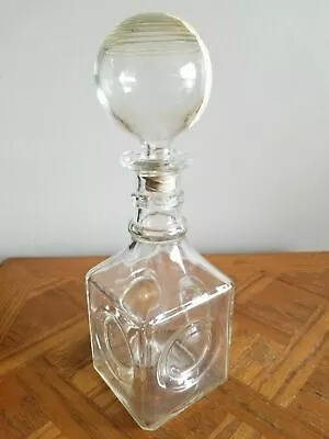 Vintage Square Glass Decanter With Round Stopper 12  Tall Clear Prohibition • $16