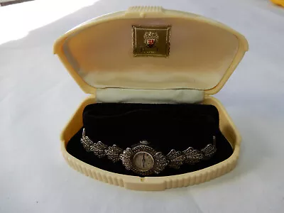 Vintage ART DECO Sterling Silver Marcasite LECITA Wristwatch & VTG Bakelite Box. • $99